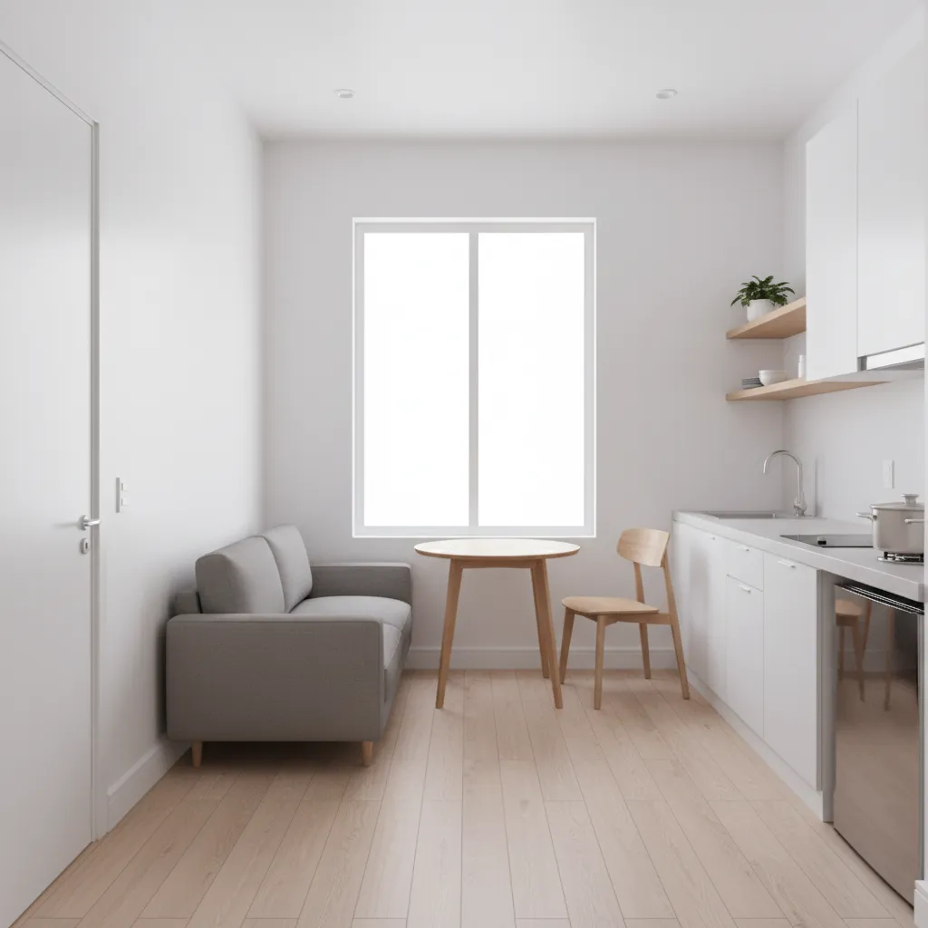 Small studio apartment featuring grey sofa wooden dining table white kitchen cabinets and large windows