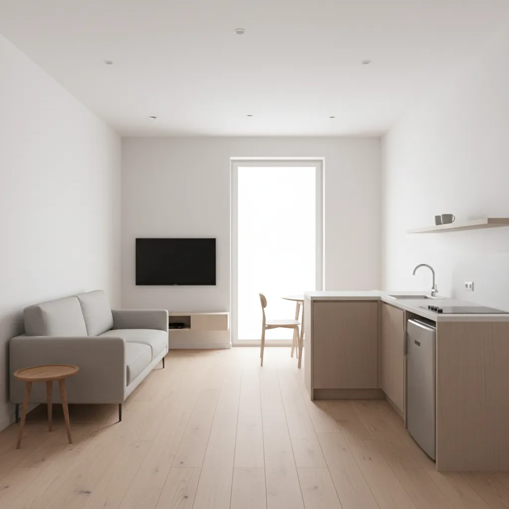 Không gian nội thất nhà 20m2 bố cục mở phòng khách và bếp