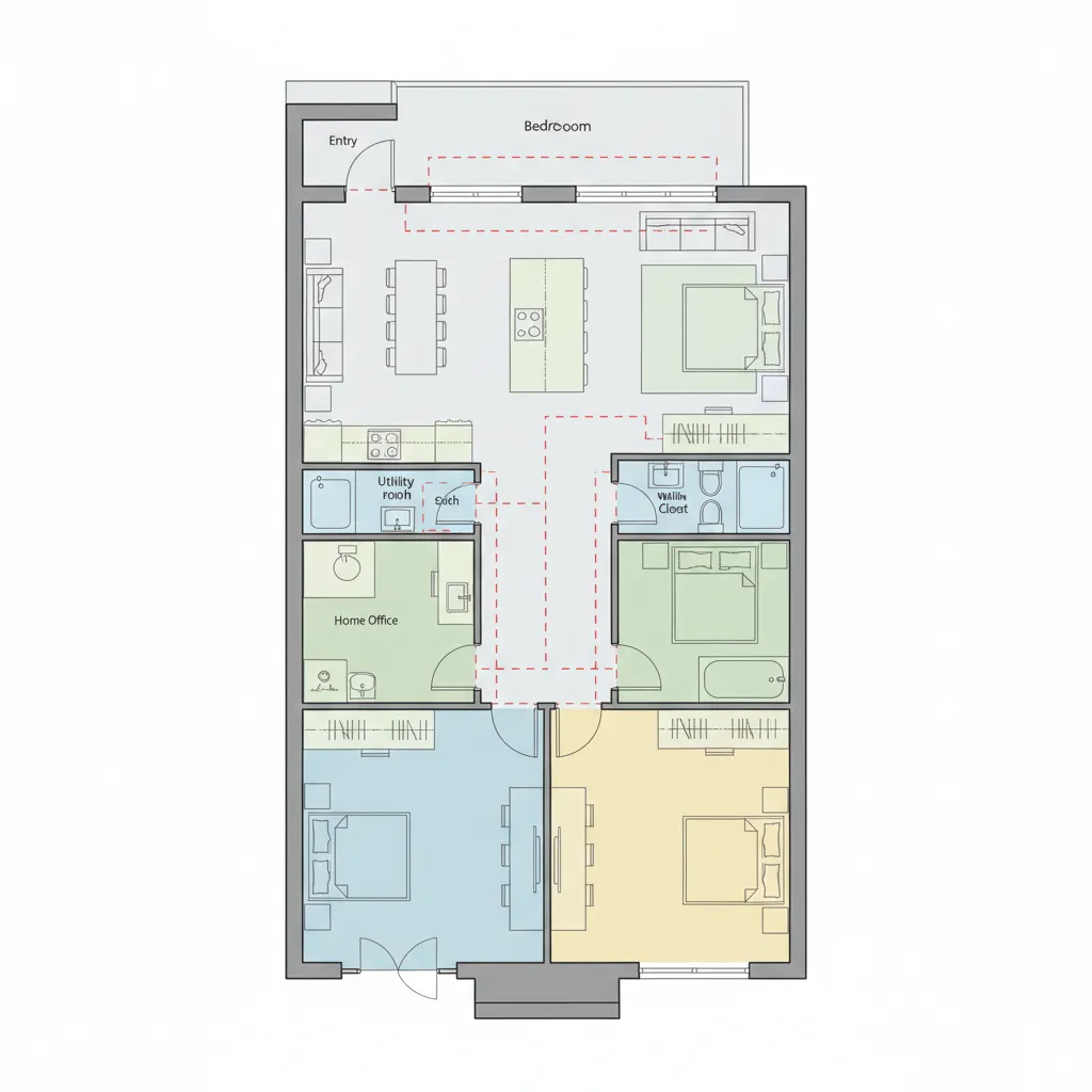 Architectural diagram showing circulation and room arrangement for a narrow house plan