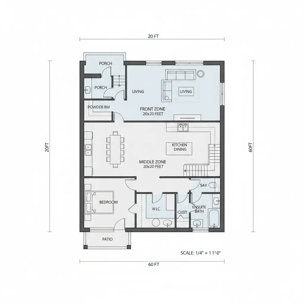 Architectural zoning layout for a 20x60 narrow house plan