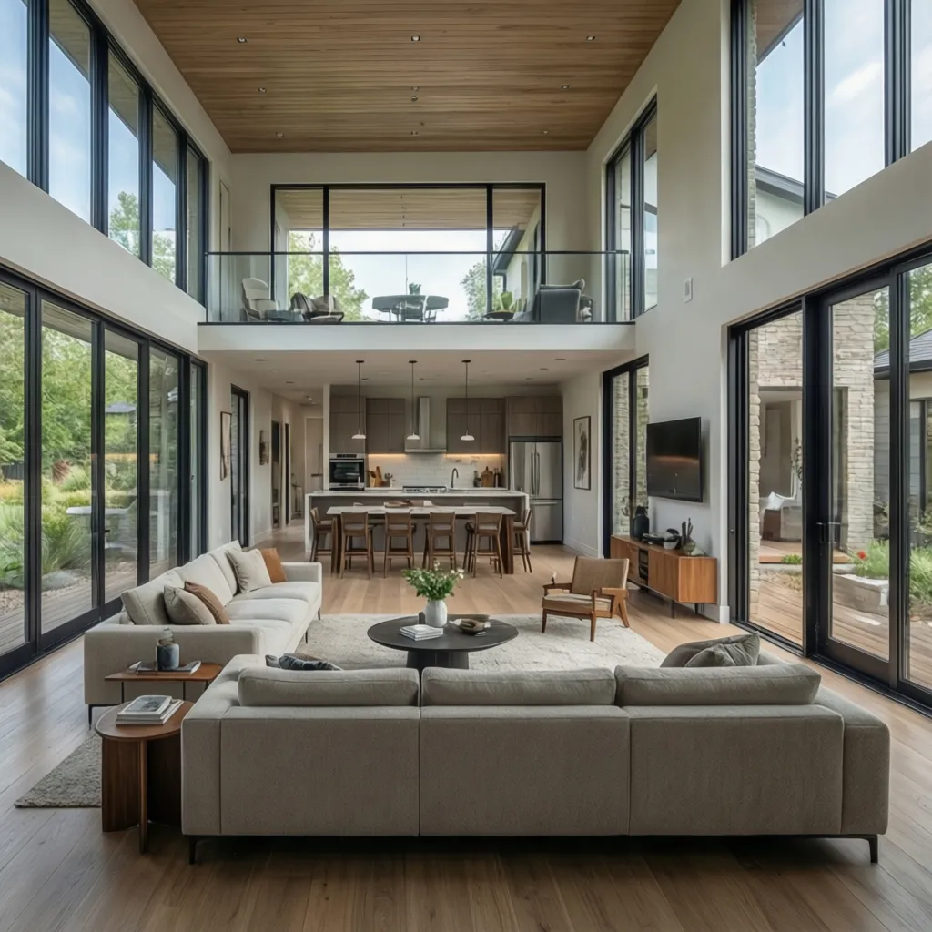 Modern high ceiling living room with beige sofas wood ceiling large windows and open kitchen