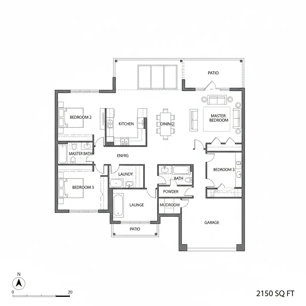 Architectural floor plan layout for a 2150 sq ft modern house