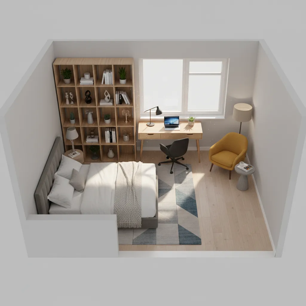 Zoning the room for sleeping, working, and relaxing