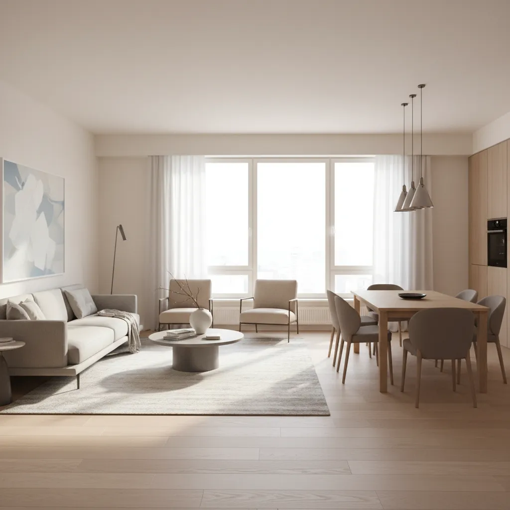 Rectangular apartment living dining room showing sofa area and dining zone