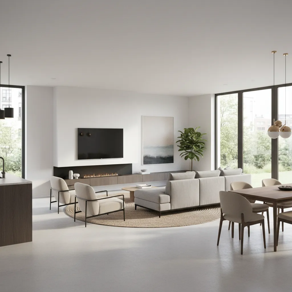 Modern 22 x 13 living dining room with sofa area and dining table arrangement