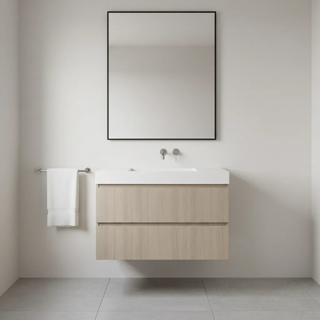 Floating 24 inch vanity in modern small bathroom layout