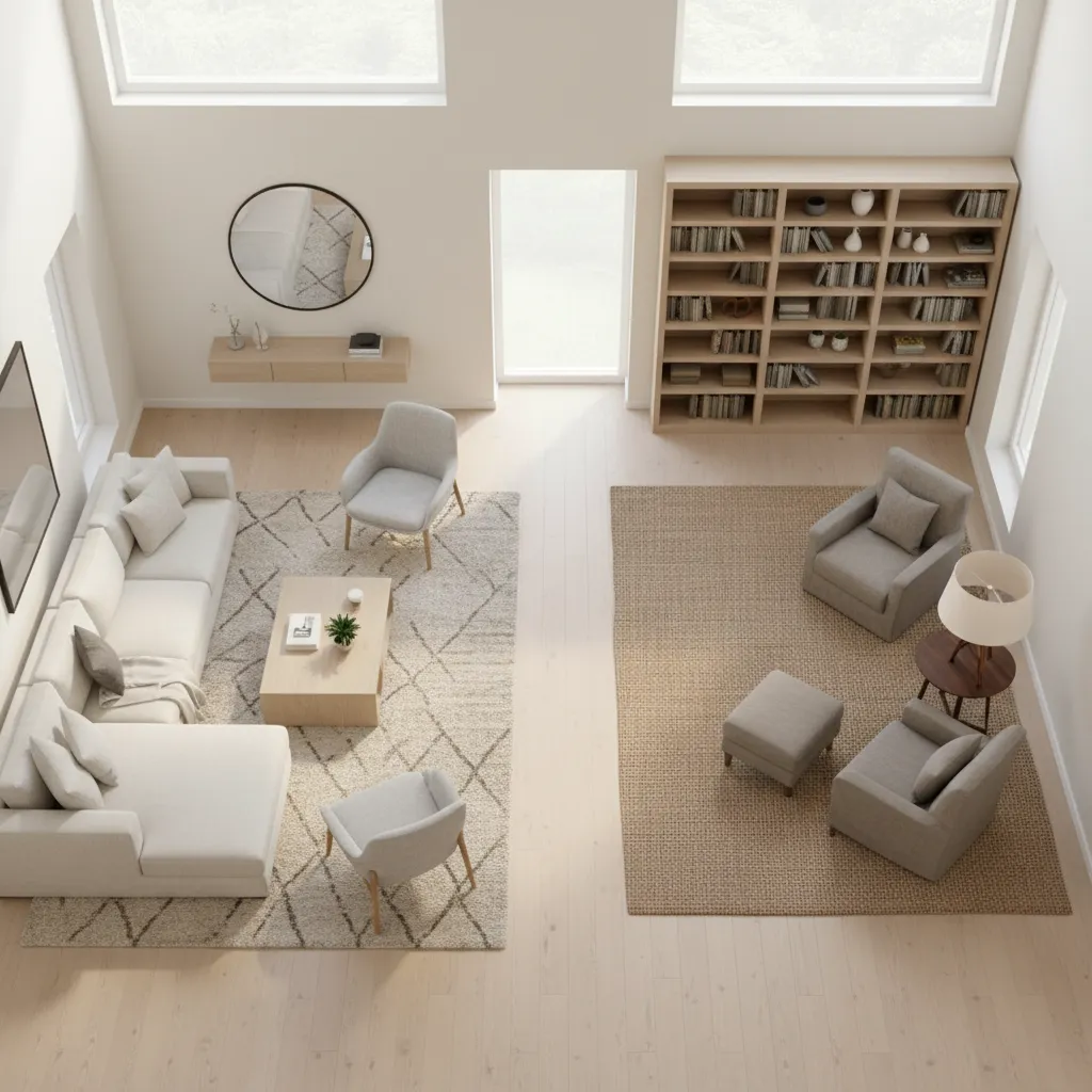 24x32 living room layout with two seating zones and central walkway