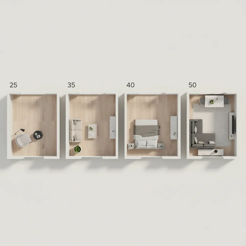 Visual comparison chart of 25 30 40 and 50 square feet spaces