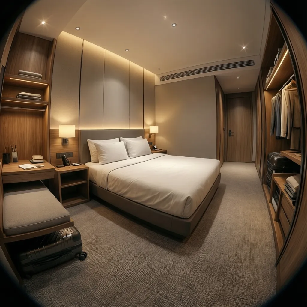 modern hotel room around 250 square feet with queen bed and desk
