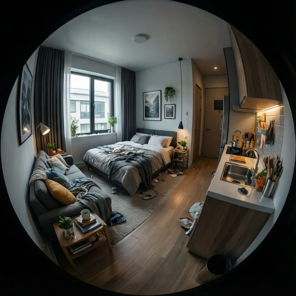 compact micro studio apartment around 250 square feet with clear zones for sleeping and living