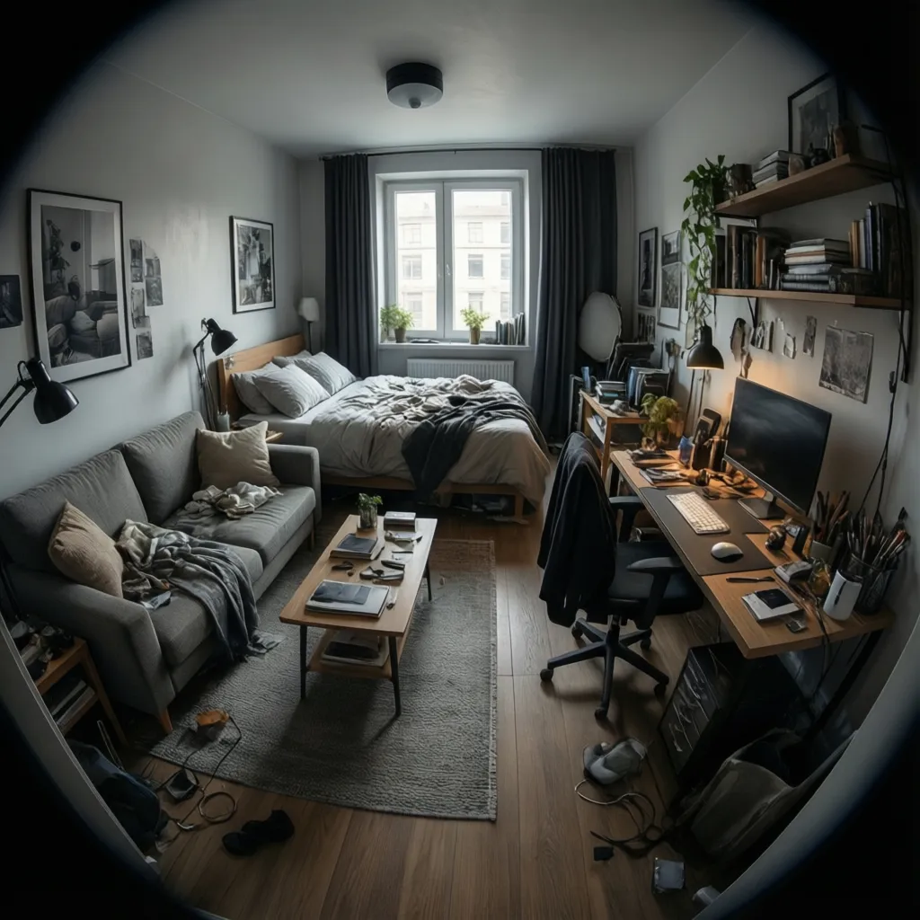 Example layout of a compact 250 square feet studio room with bed sofa and workspace