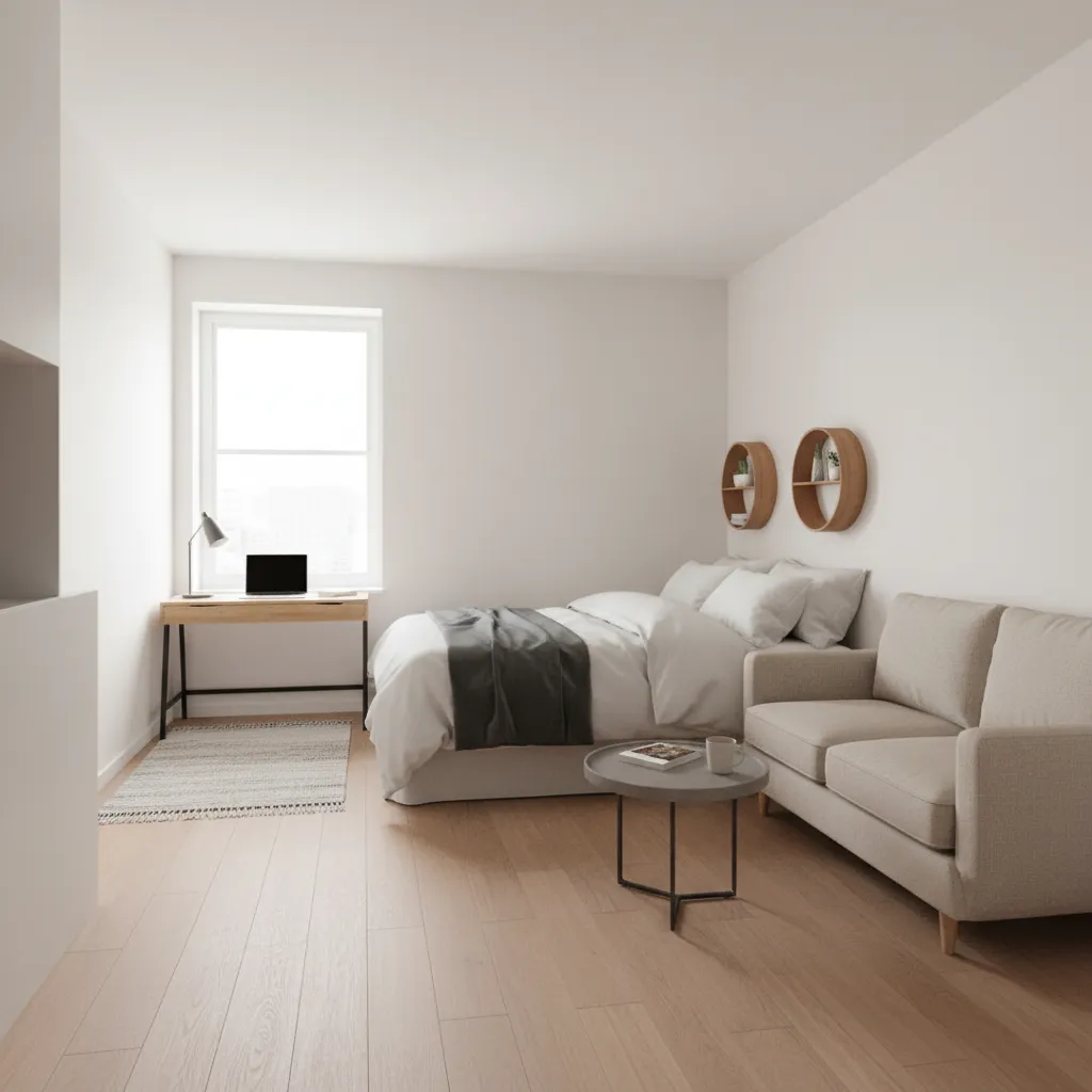 Top angled interior view of a compact 250 sq ft studio room layout