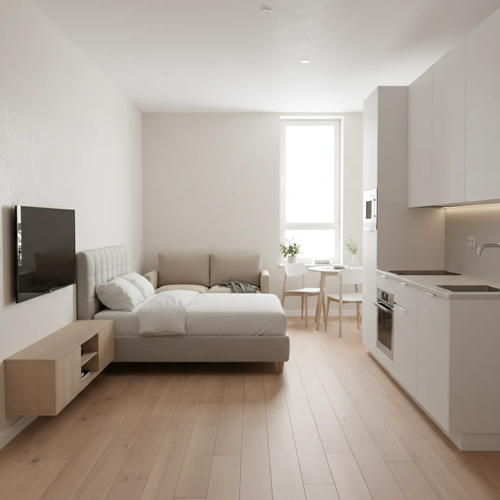 compact 250 sq ft studio apartment interior with bed, sofa and kitchenette