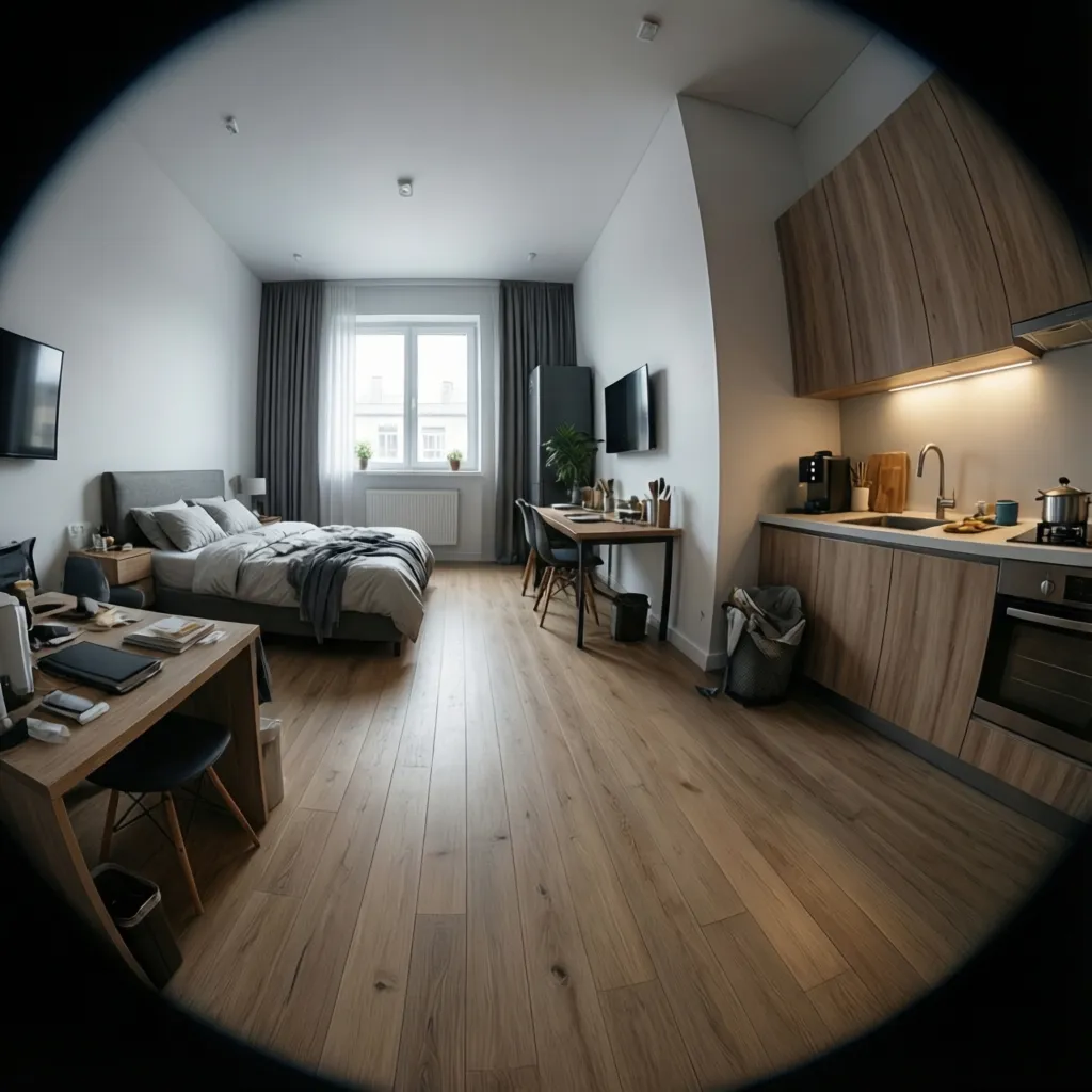 realistic interior of a 250 square feet studio showing bed desk storage and walking path