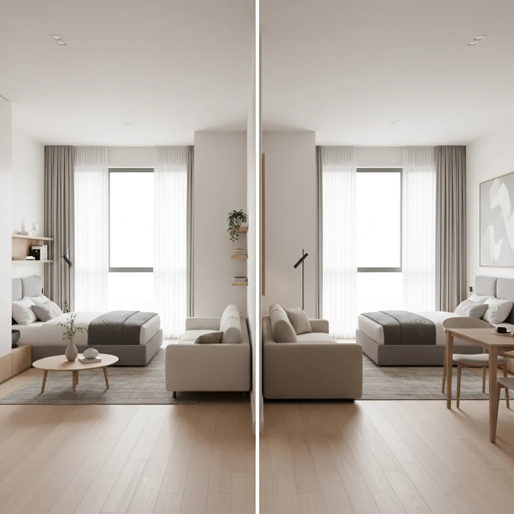 visual comparison of two small studio rooms 250 and 300 square feet