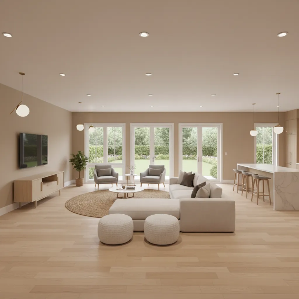 Open layout design for a large walkout basement entertainment space