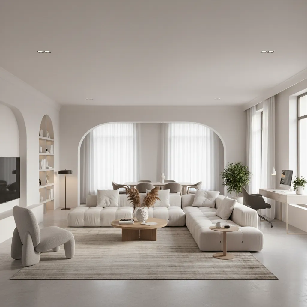 Large square living room showing multiple functional zones