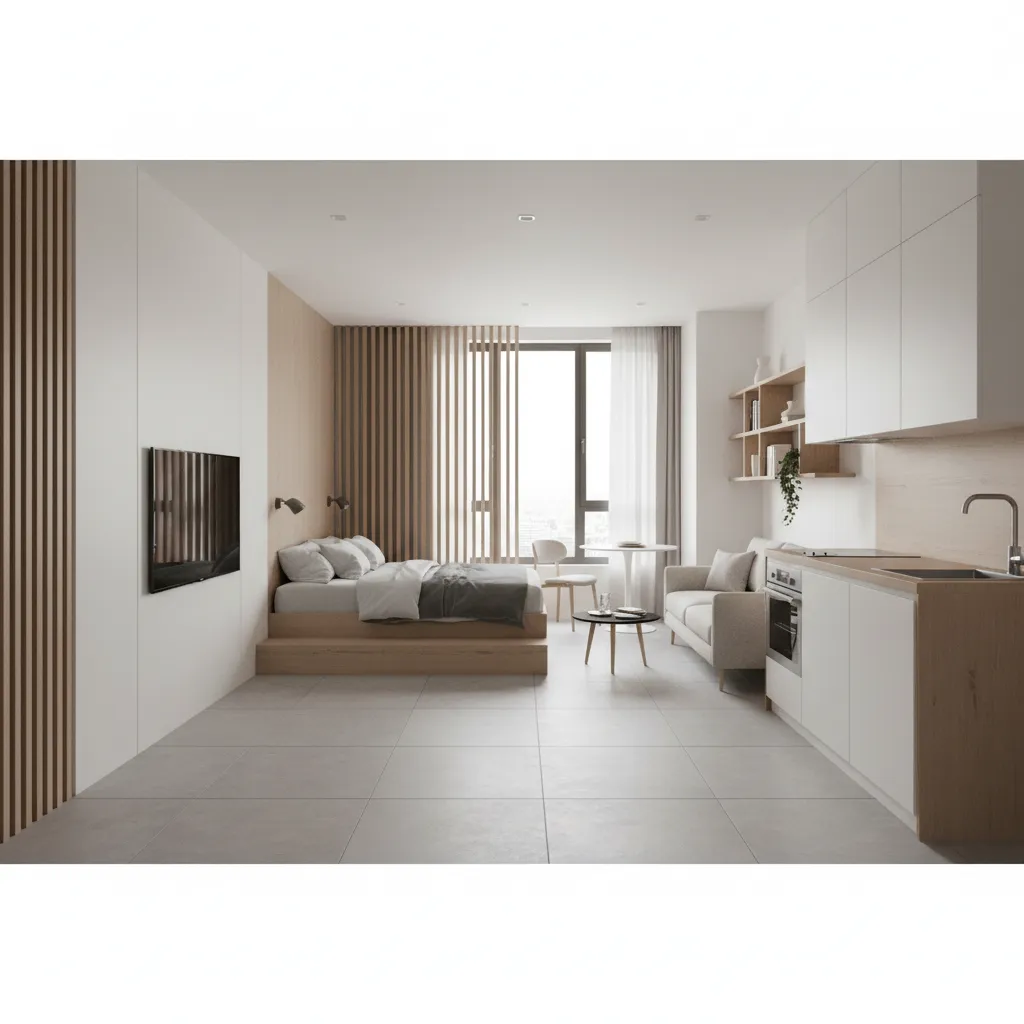 Modern minimalist studio with platform bed white kitchen cabinets grey sofa small round dining table