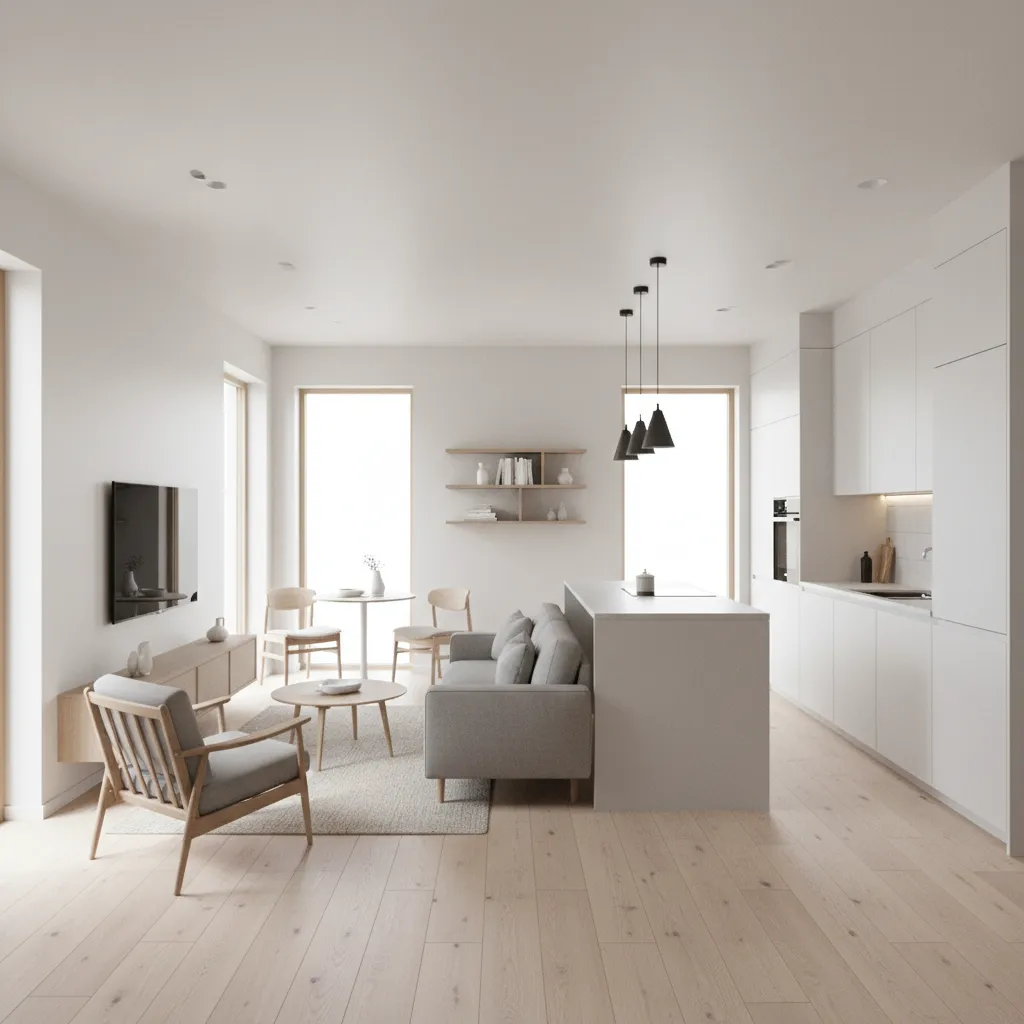 Modern open plan living room with grey sofa, white kitchen cabinets, and three ceiling lights