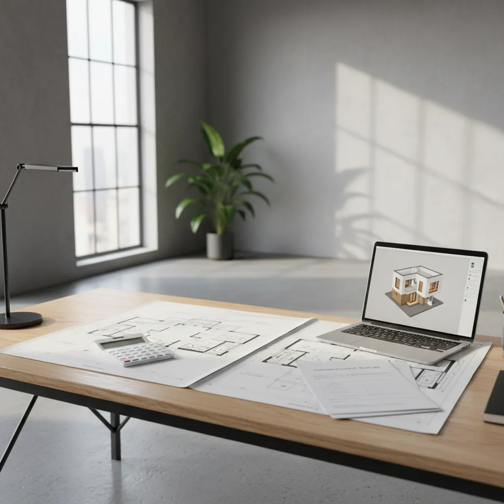 Laptop showing 3D house model next to house floor plans and calculator on wooden table