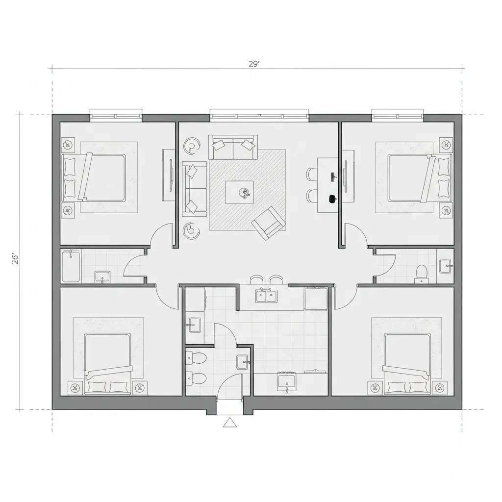 29x26 small house floor plan layout with living room kitchen and two bedrooms