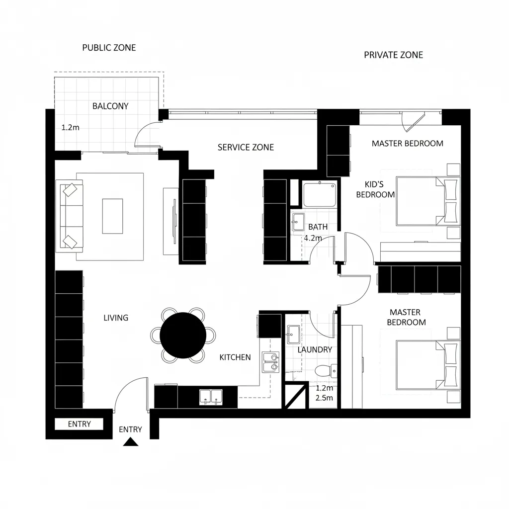Top-down CAD plan of a 2-bed linear spine apartment optimized for cross-ventilation
