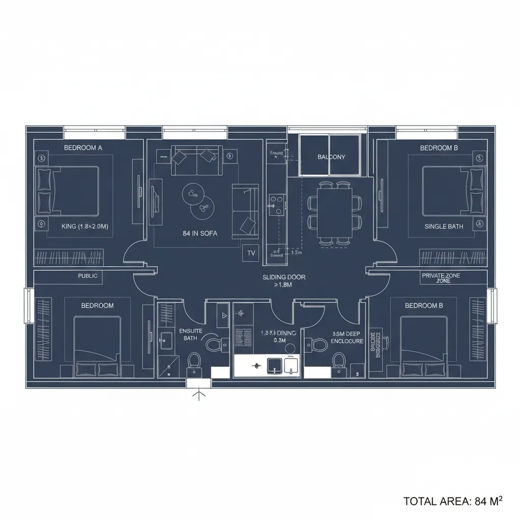 Top-down CAD plan of a 2-bedroom family unit with split bedrooms around a living core