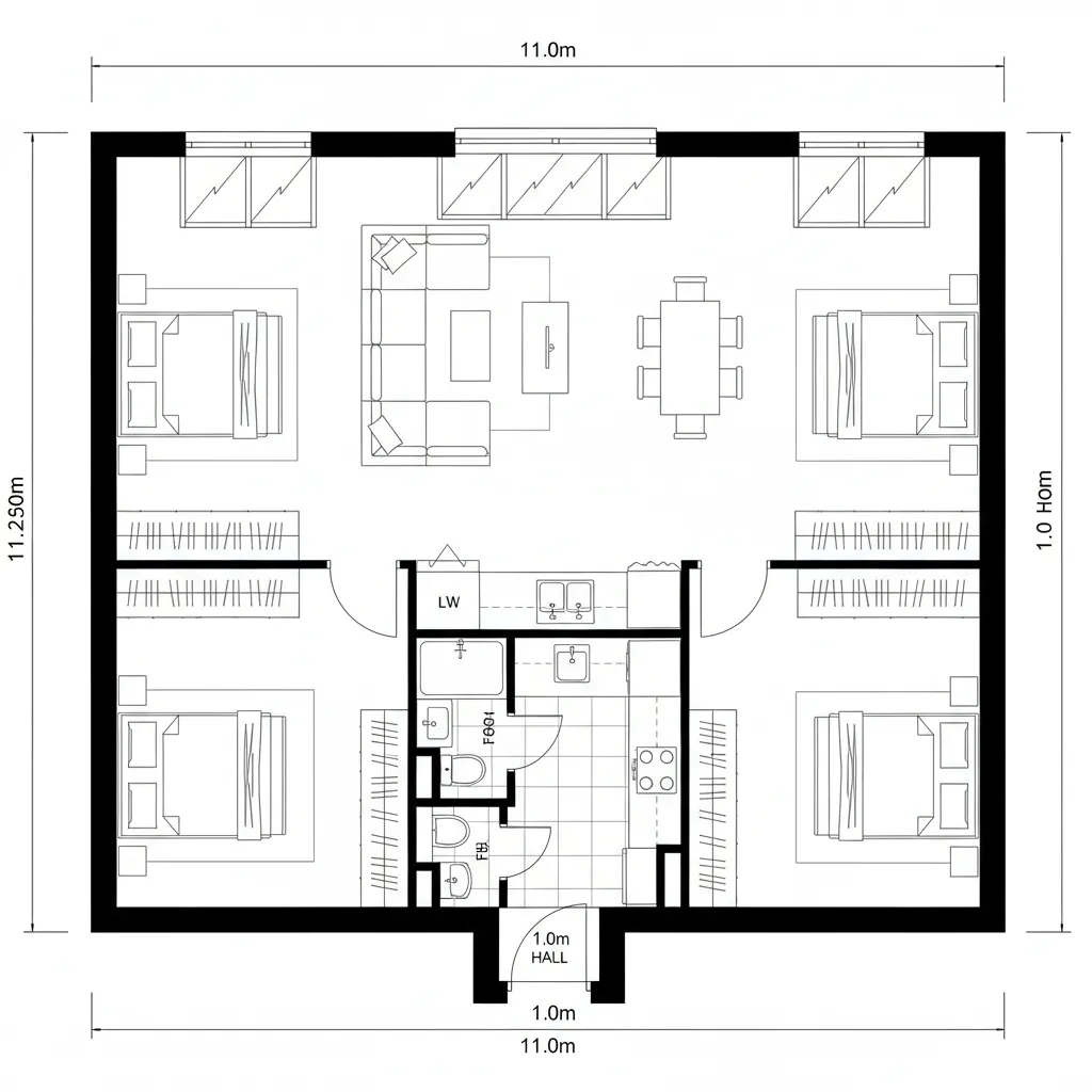 Four bedroom apartment floor plan with a central living room dining table and two bathrooms