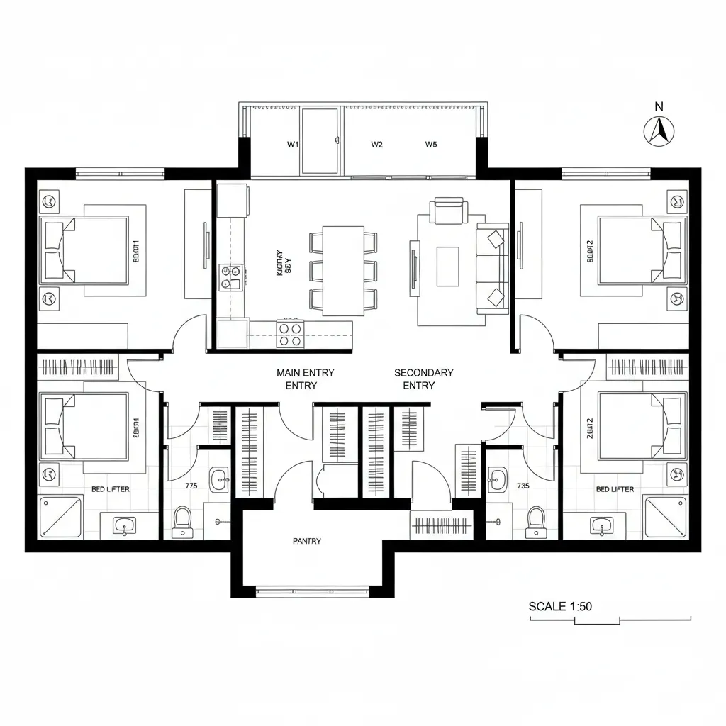 Top-down CAD plan of a split 2-bedroom with central kitchen–living core and offset bedroom entries
