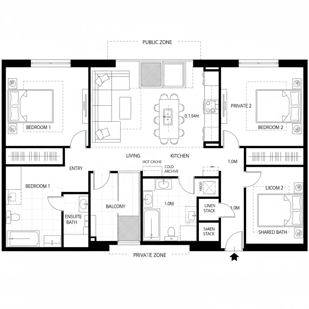 Large apartment floor plan with two bedrooms two bathrooms open kitchen dining area and private balcony