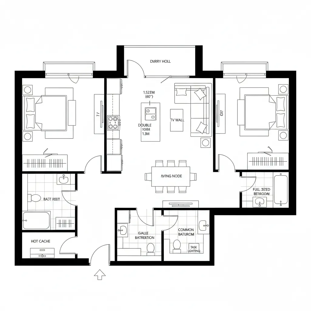 Two bedroom house floor plan featuring central living area dining space and three separate bathroom layouts