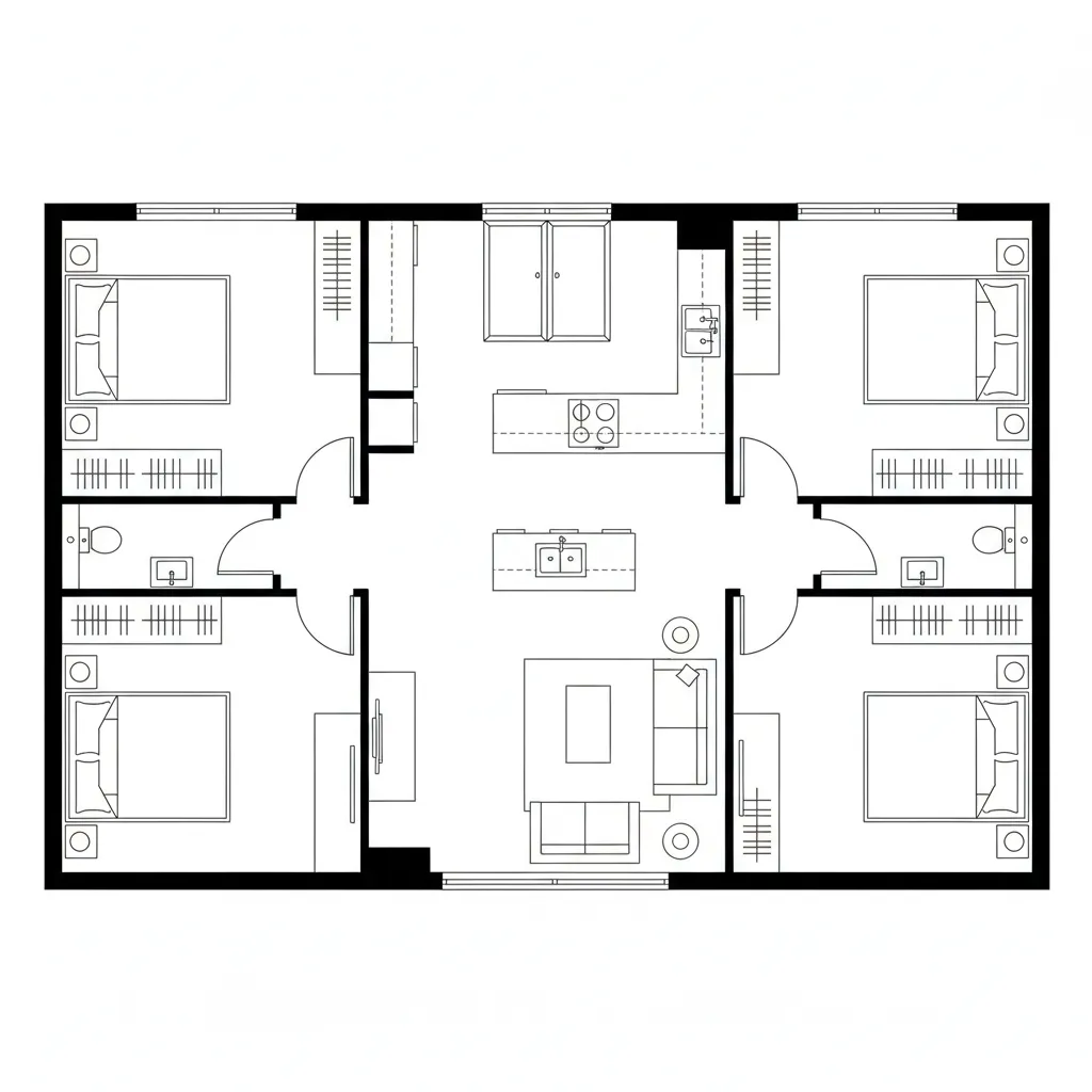 Top-down CAD plan with central island living core and bedrooms split to opposite sides
