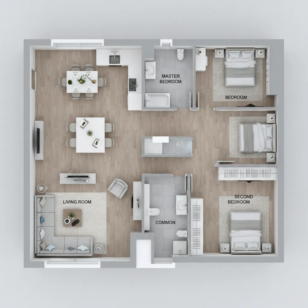 2BHK apartment floor plan showing clear zoning between living area and bedrooms
