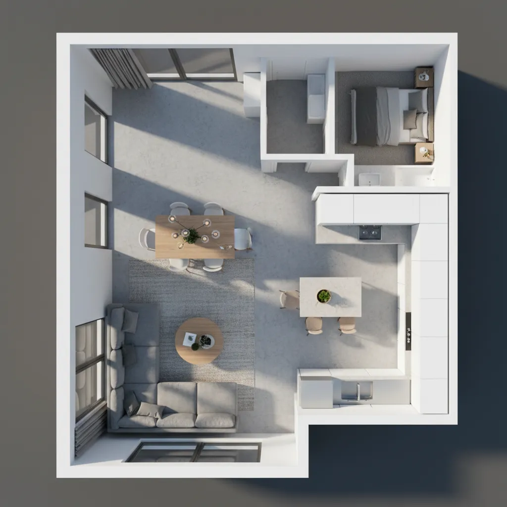 Compact 2 BHK apartment layout showing living dining and kitchen zones