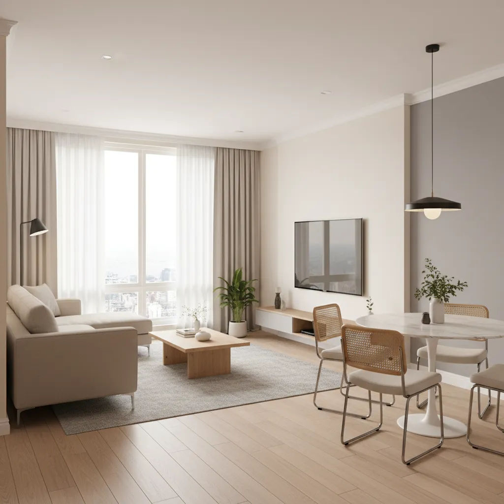 Open living and dining area design in a small 2 BHK apartment
