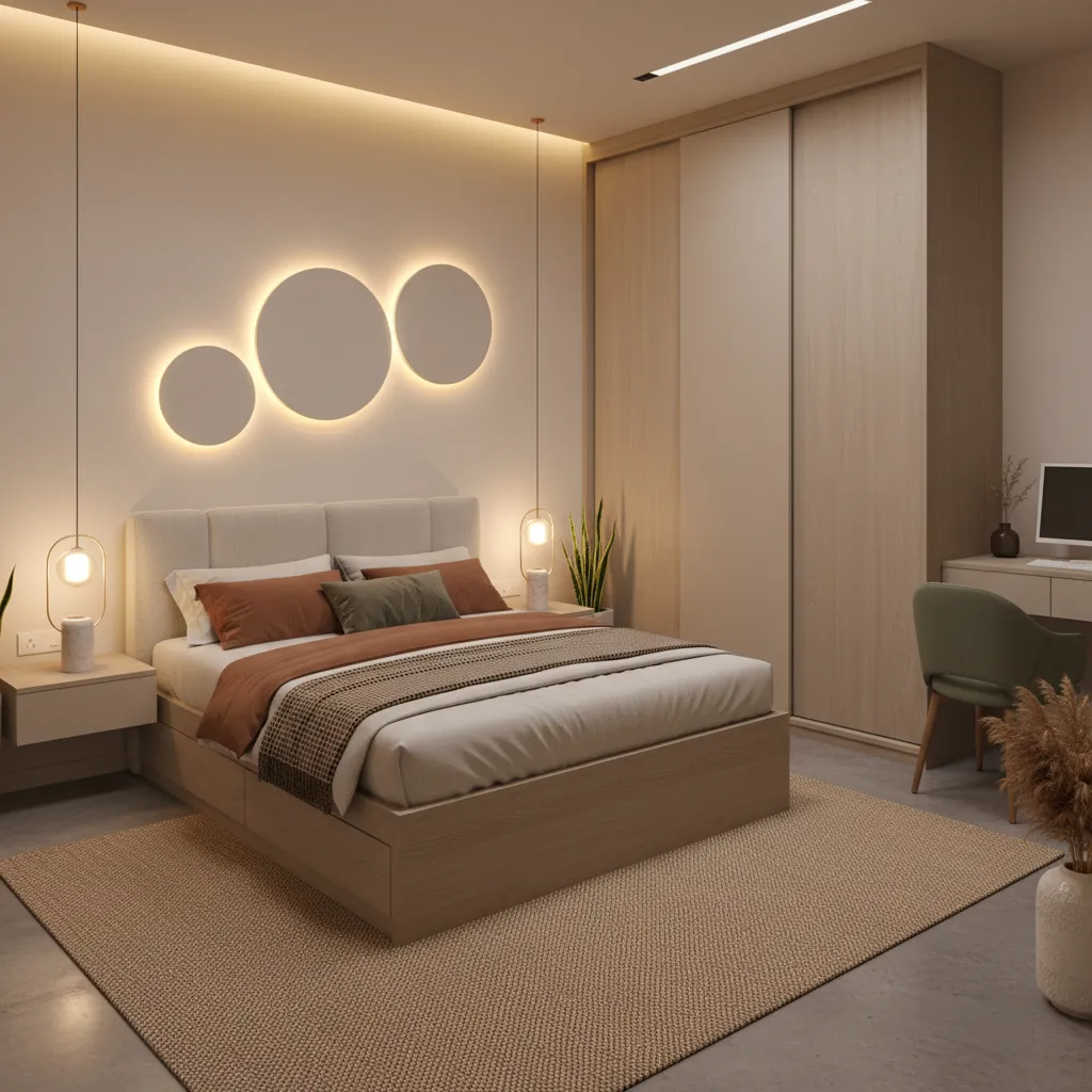 Bedroom with floor to ceiling wardrobe and storage bed in a compact apartment