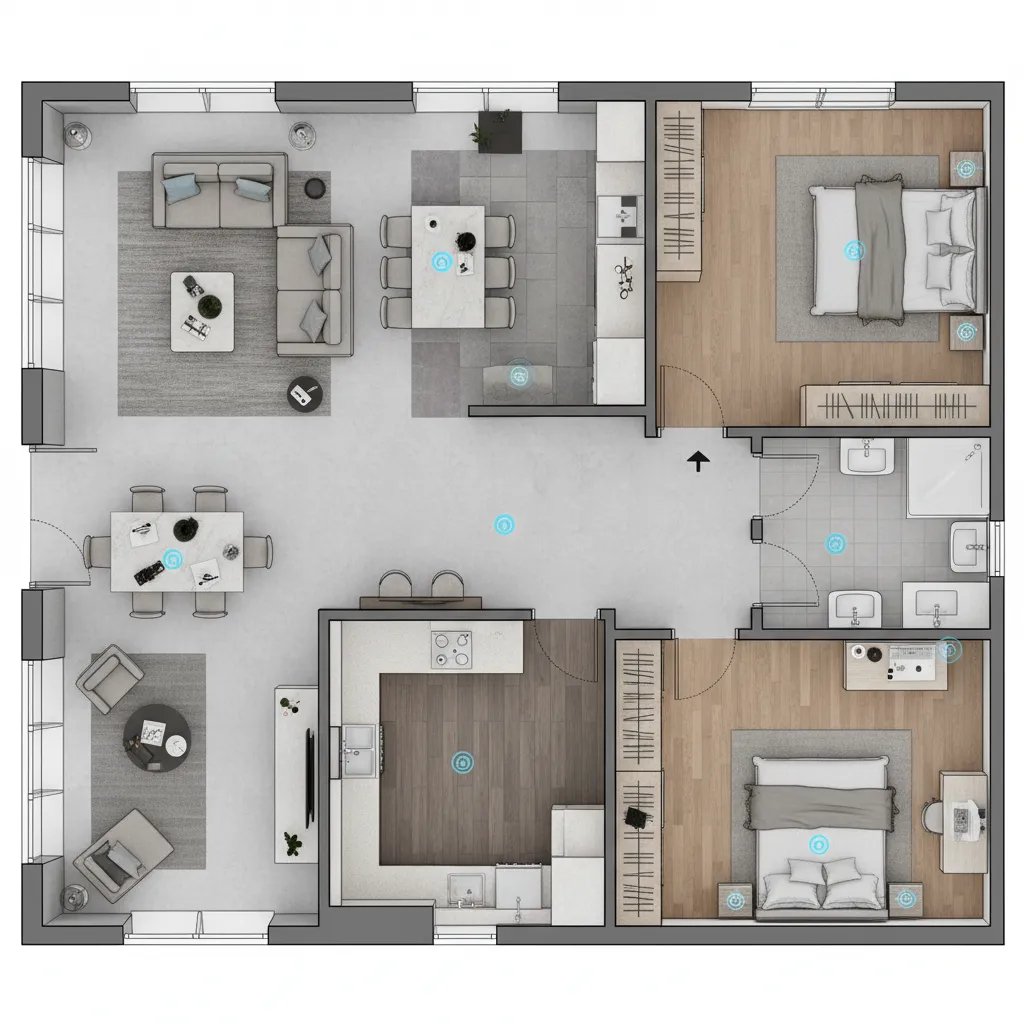 zoning diagram of smart 2 BHK apartment layout showing living and bedroom zones