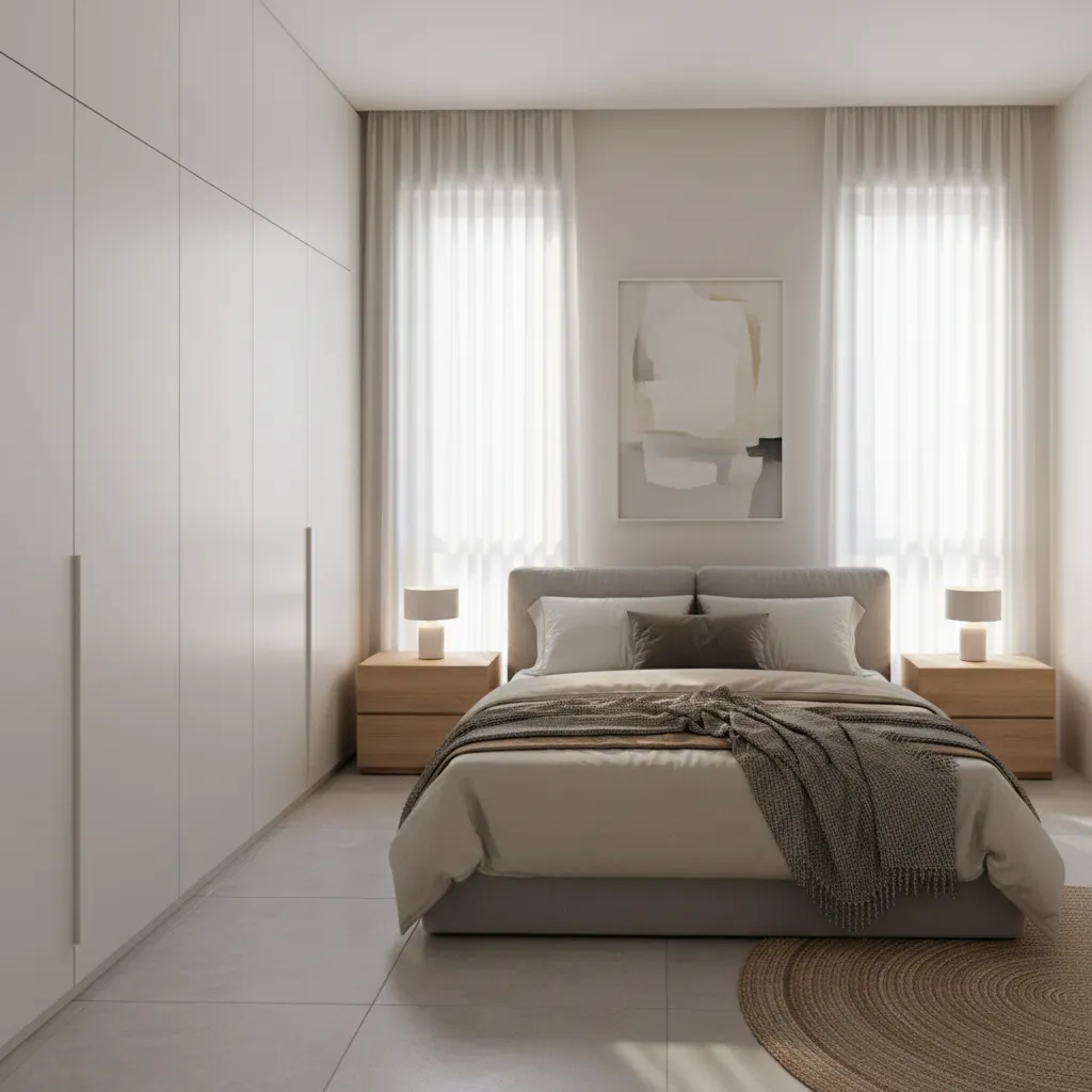 Small bedroom with floor to ceiling wardrobe storage in a 2 BHK flat
