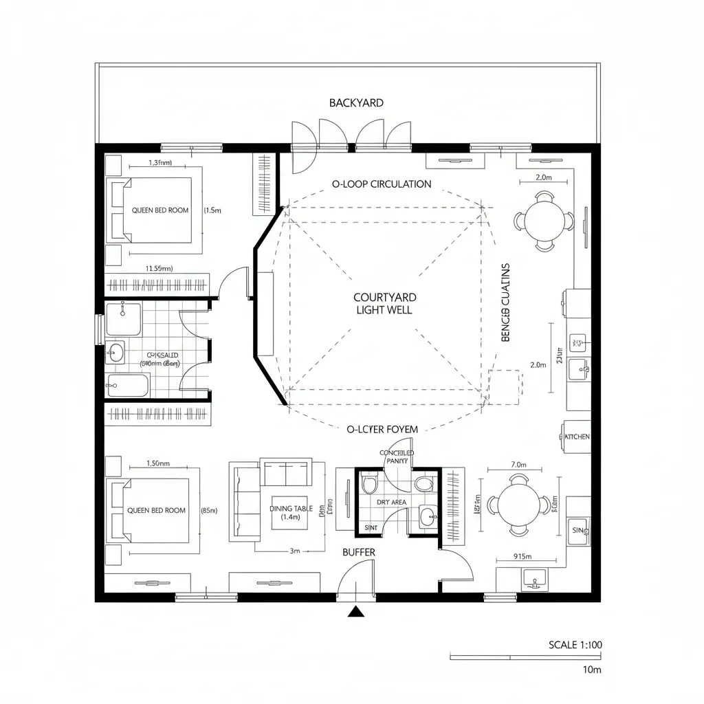 Floor plan drawing with central courtyard light well and two queen bedrooms plus a backyard area
