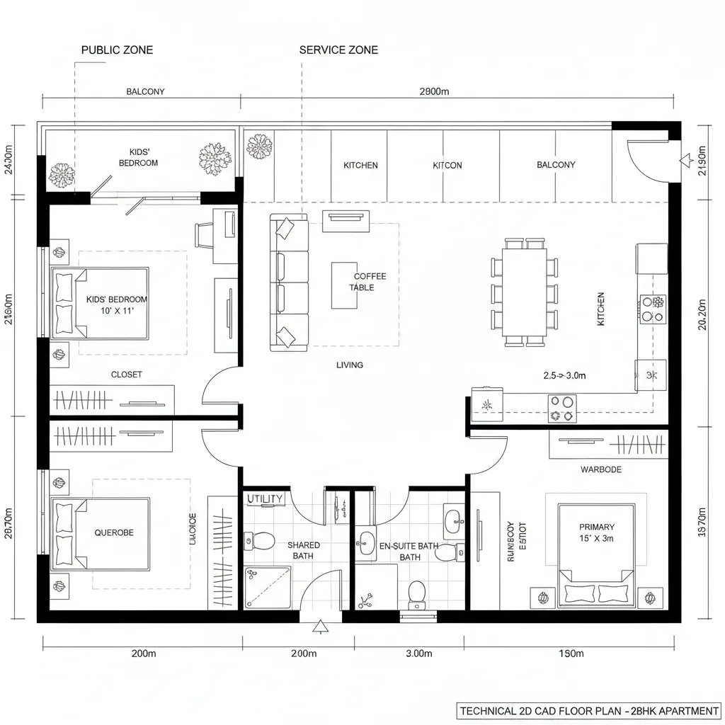 Top-down CAD plan of 2BHK with cross-breeze and family zoning