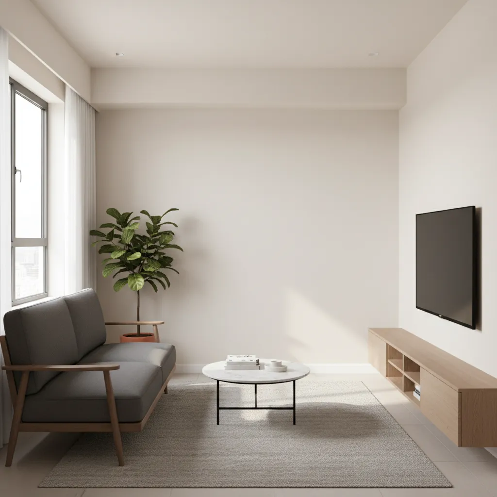 Small 2 BHK apartment living room with sofa TV unit and compact layout