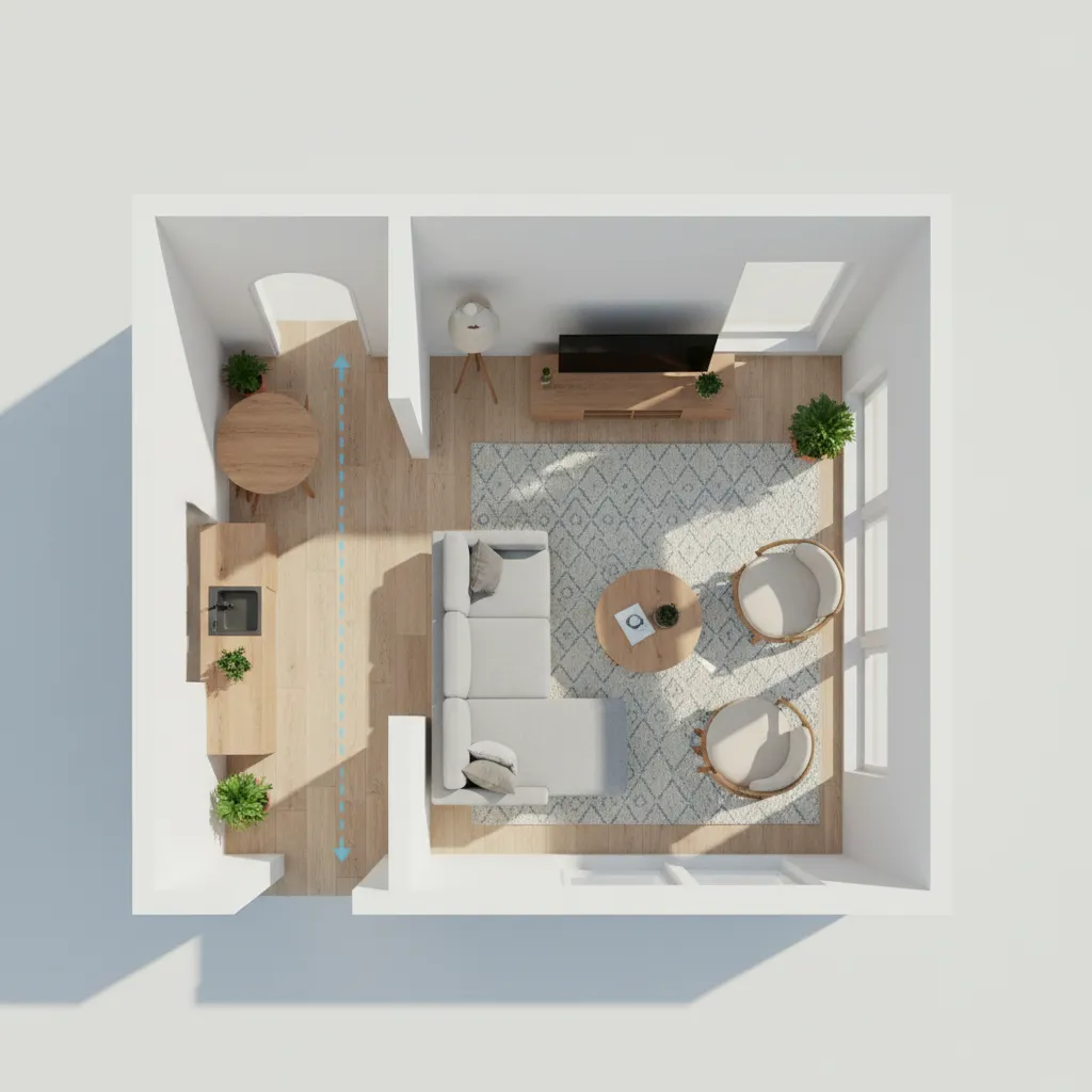 Space planning layout for a small 2 BHK living room showing sofa placement and walking paths