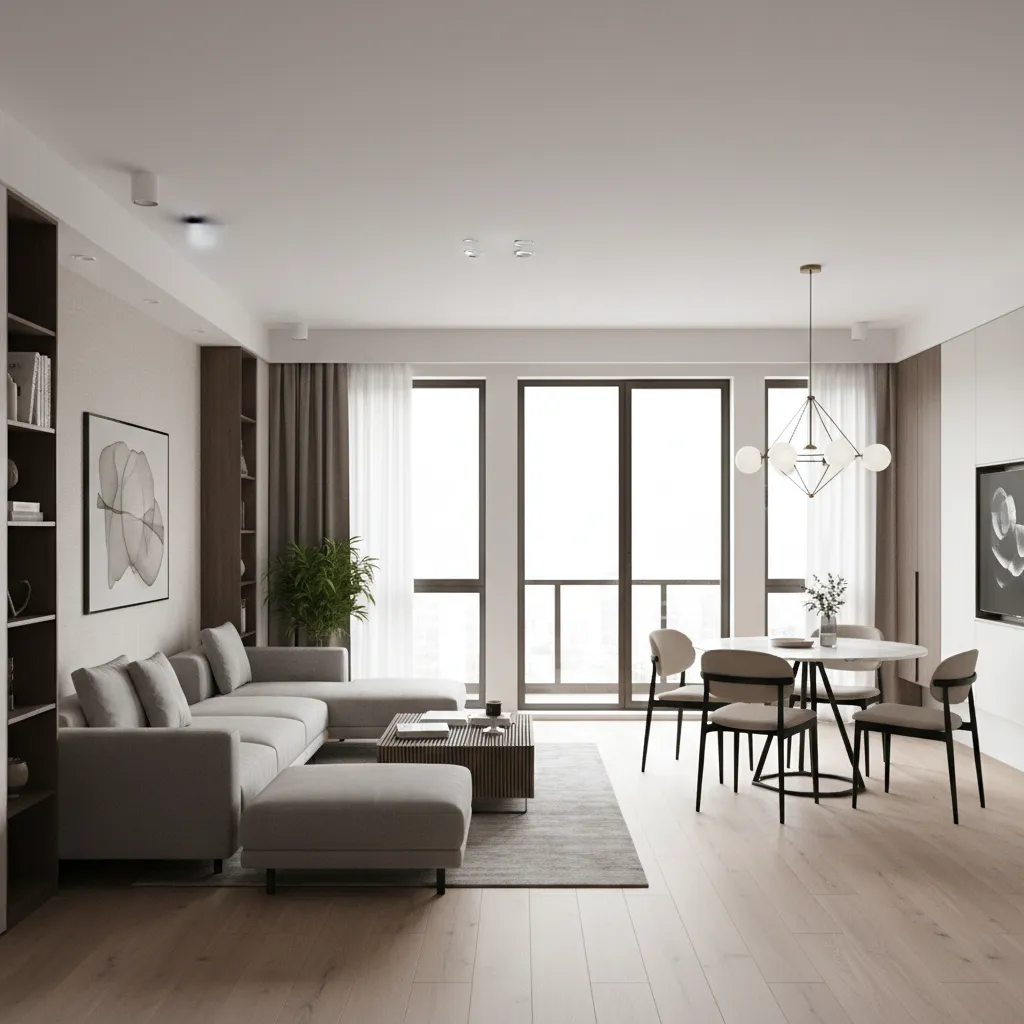 Open living and dining layout in a compact 2 BHK apartment