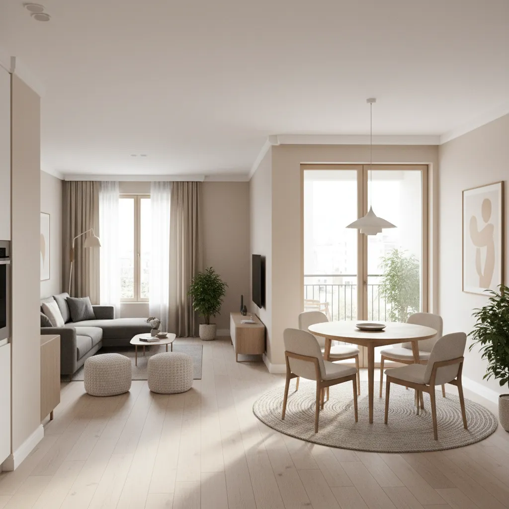 Open living and dining layout in a compact 2 BHK apartment