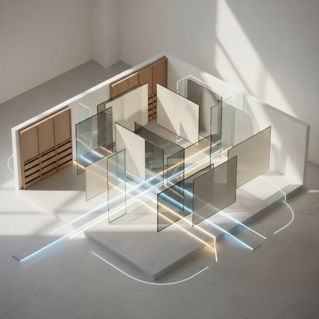 Modern interior design drawing showing glass panels and wooden cabinets with glowing light blue lines