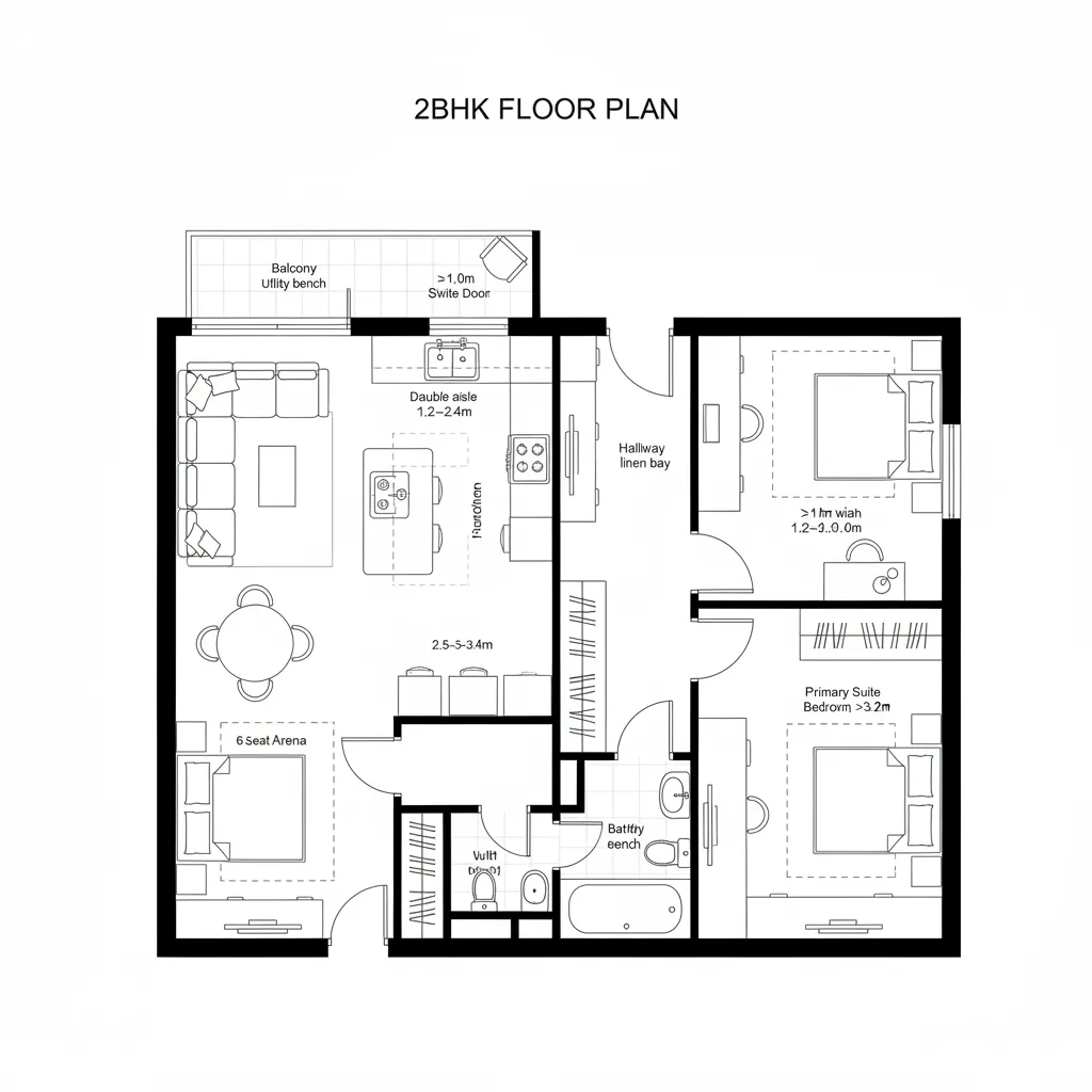 Top-down 2D CAD plan of 2BHK with central spine dividing public and private zones