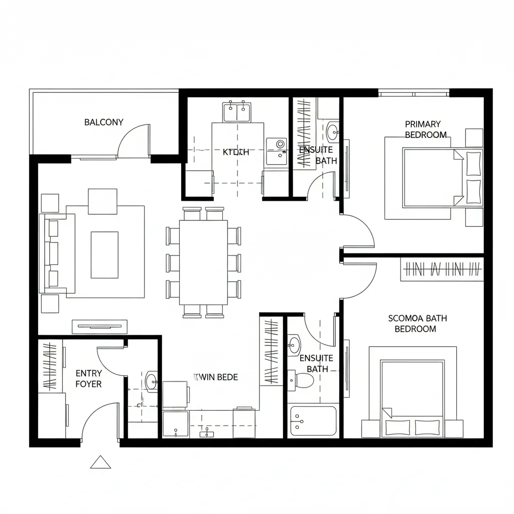 Top-down 2BHK floor plan with split public and private zones, balcony axis, and two bedrooms