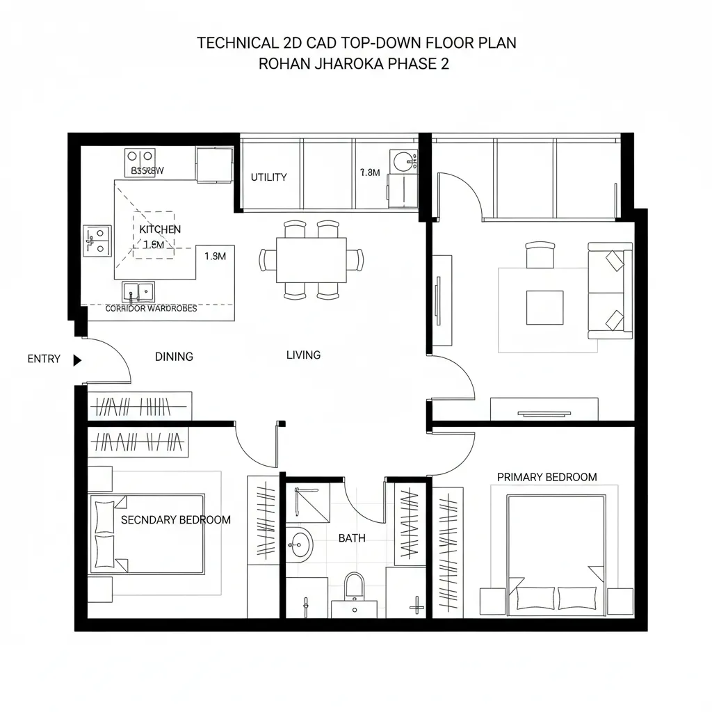 Top-down 2BHK split-privacy plan with open kitchen and corridor storage