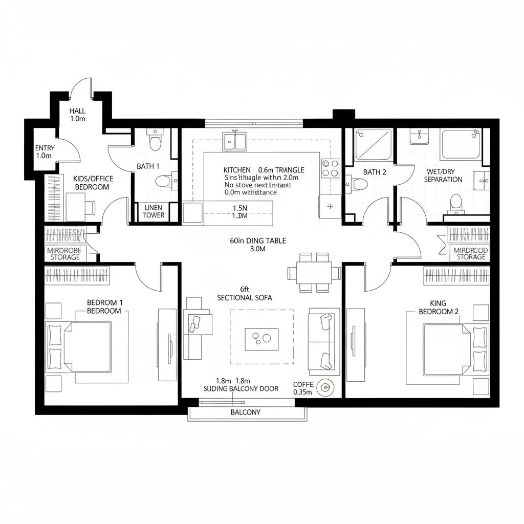 Three bedroom house layout with two bathrooms, open kitchen, dining area, sofa, and small balcony