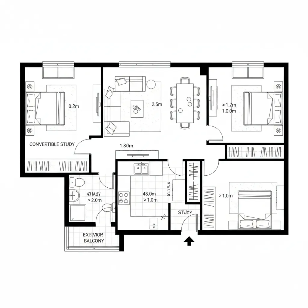 Top-down 2D CAD plan of a 2BHK with convertible study and utility balcony